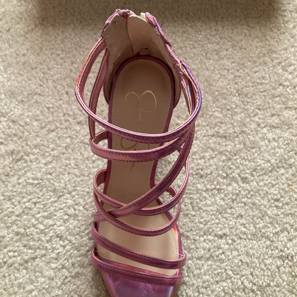 Jessica Simpson light pink iridescent distressed metallic shoes.